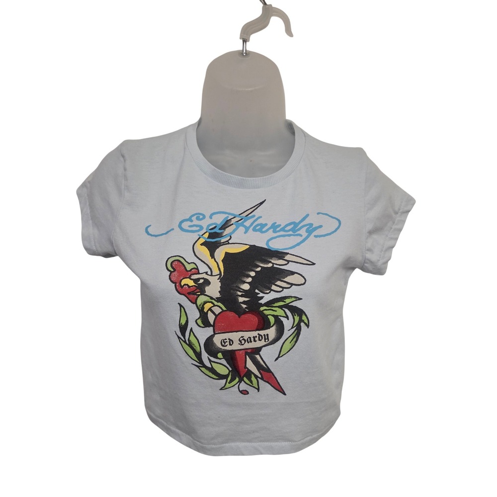 Ed Hardy Light Blue Eagle Heart Tattoo Graphic Baby Tee Cropped Y2K Shirt M